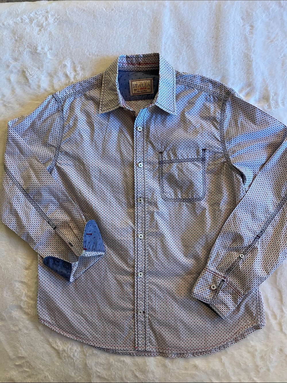 Italia Men's Blue Patterned Button-Up Shirt SZ S